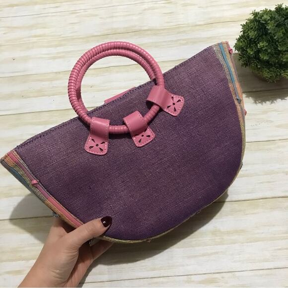 Like NEW Jute Leather Woven Straw Bag Pastel Easter Spring Summer‎ Beach Purple - Picture 1 of 8